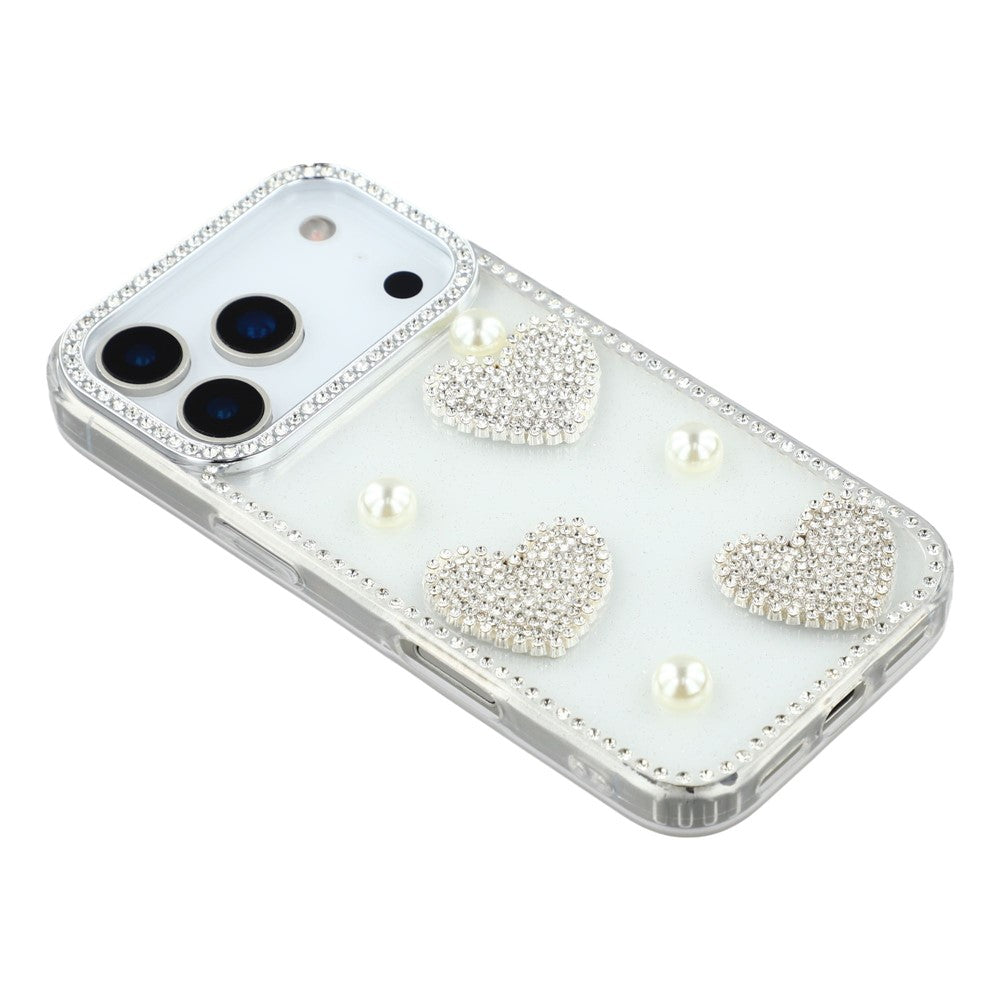 For iPhone 17 Pro Max Case Rhinestone Edge Pearl Love Decor TPU + PC IMD Phone Cover - Glitter Transparent