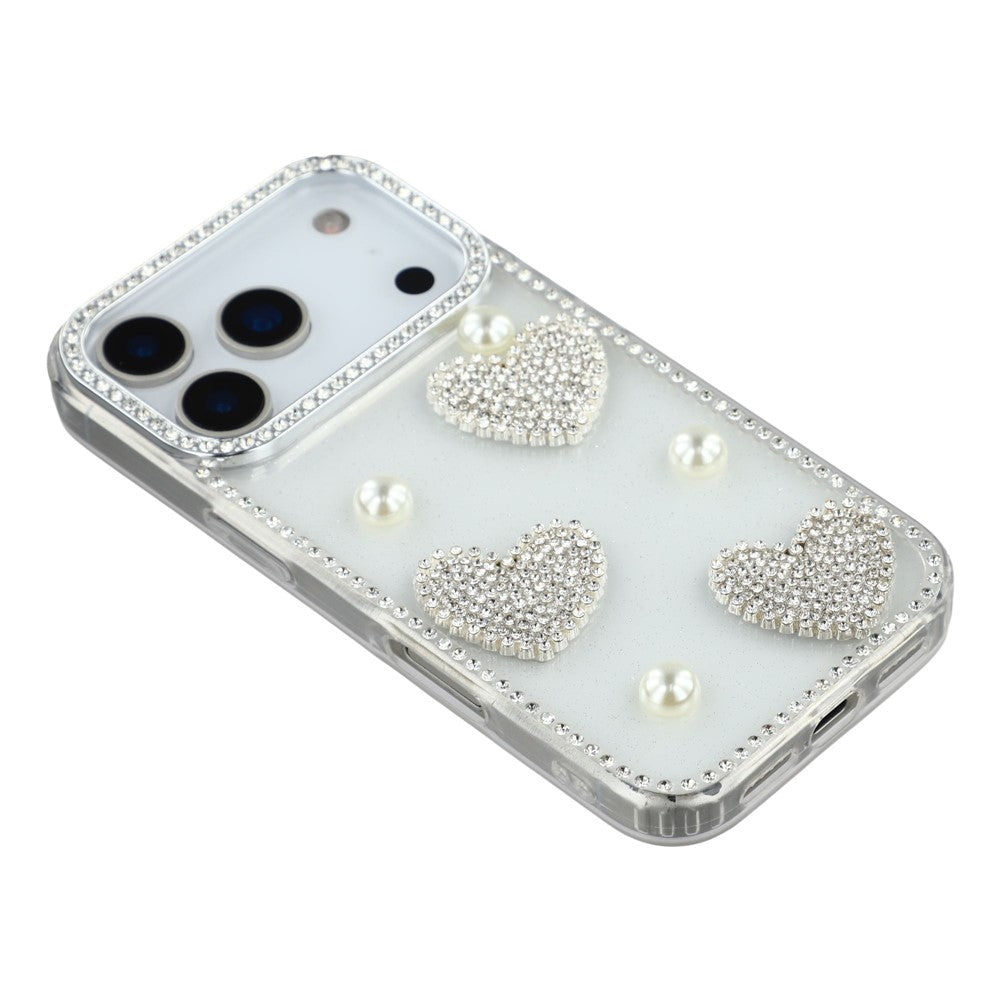 For iPhone 17 Pro Max Case Rhinestone Edge Pearl Love Decor TPU + PC IMD Phone Cover - Glitter Transparent