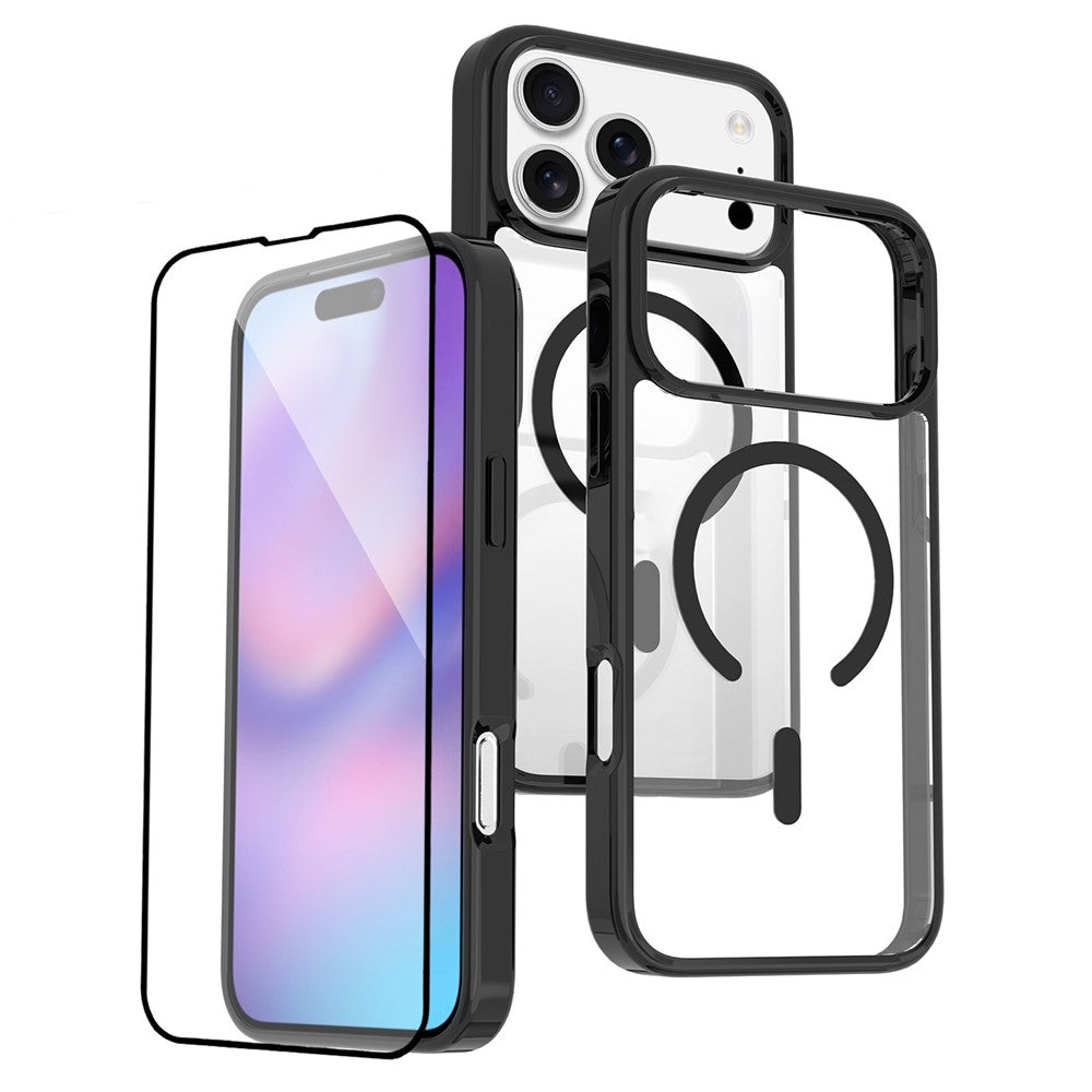 For iPhone 17 Pro Max Case Compati with MagSafe PC + TPU Clear Phone Cover with Tempered Glass Screen Protector - Black