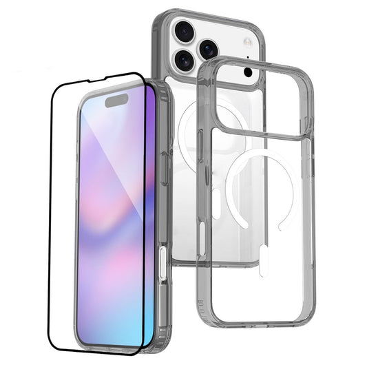 For iPhone 17 Pro Max Case Compati with MagSafe PC + TPU Clear Phone Cover with Tempered Glass Screen Protector - Grey