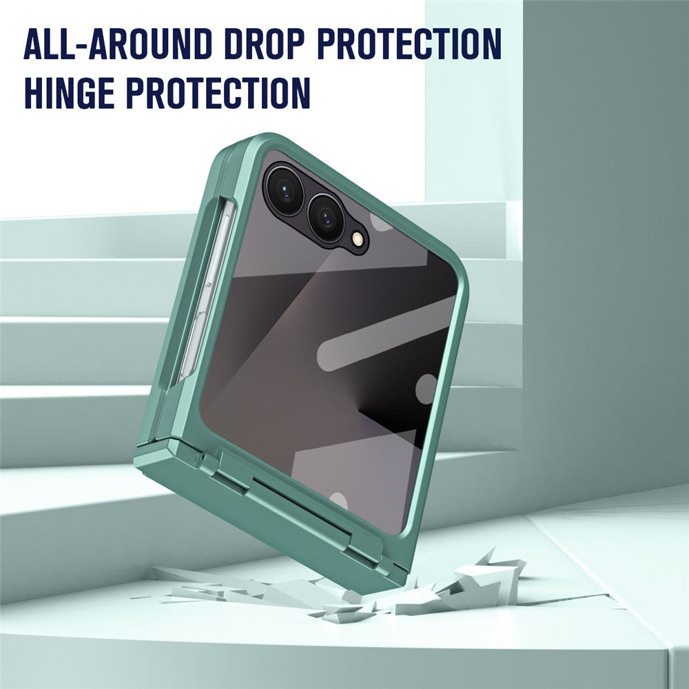 For Samsung Galaxy Z Flip7 5G Case Hard PC Phone Cover with Tempered Glass Rear Screen Protector - Green