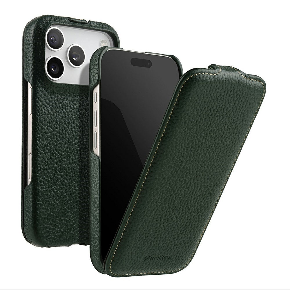 MELKCO For iPhone 17 Pro Max Case Compatible with MagSafe Vertical Flip Genuine Cow Leather + PC Phone Cover - Green