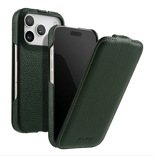 MELKCO For iPhone 17 Pro Max Case Compatible with MagSafe Vertical Flip Genuine Cow Leather + PC Phone Cover - Green