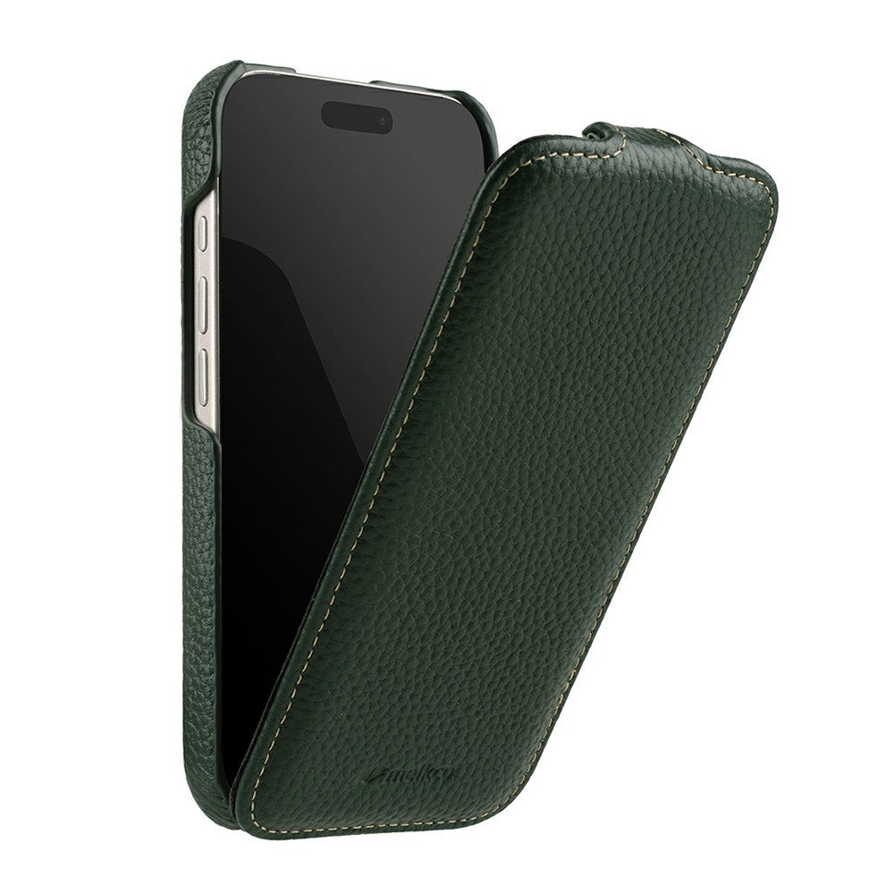 MELKCO For iPhone 17 Pro Max Case Compatible with MagSafe Vertical Flip Genuine Cow Leather + PC Phone Cover - Green
