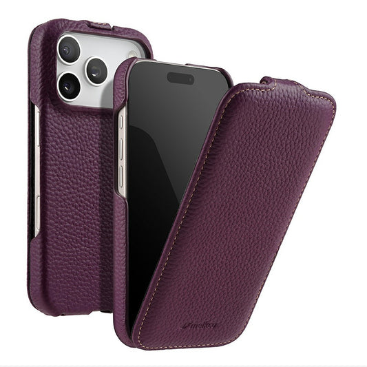 MELKCO For iPhone 17 Pro Max Case Compatible with MagSafe Vertical Flip Genuine Cow Leather + PC Phone Cover - Purple