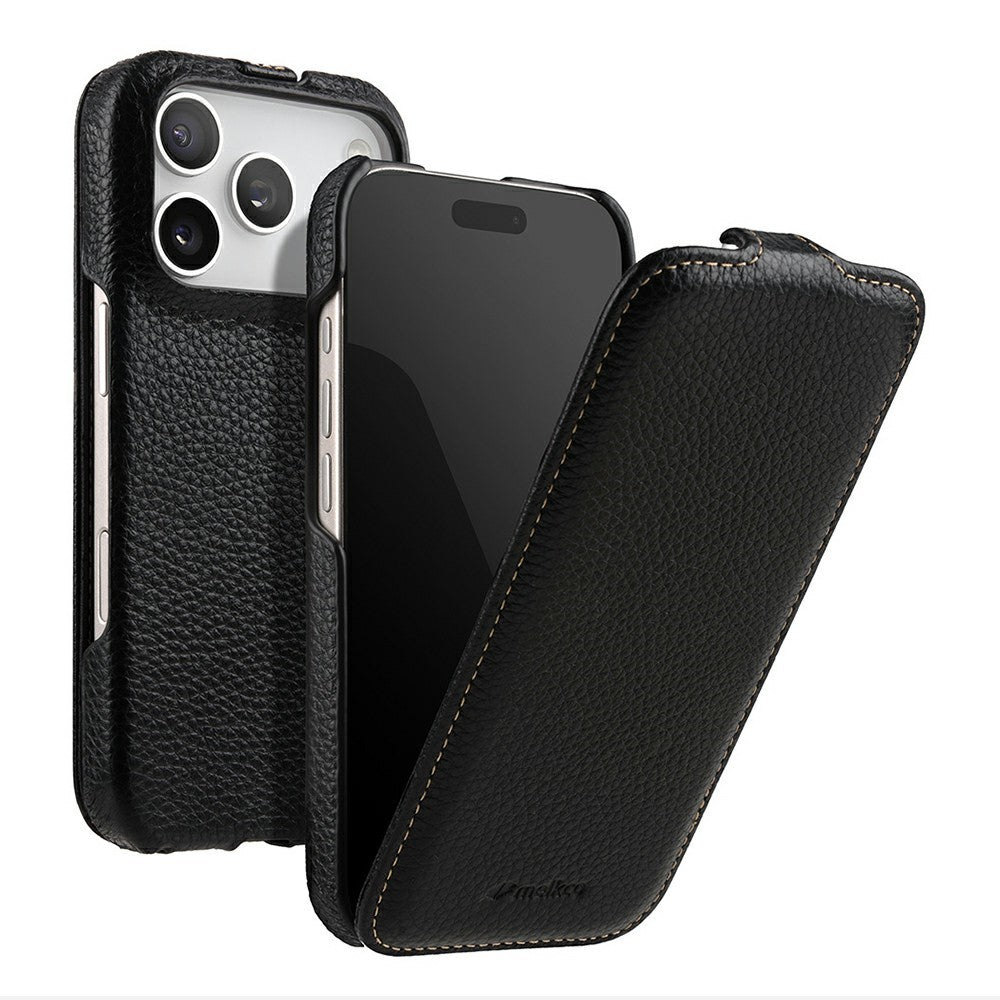MELKCO For iPhone 17 Pro Max Case Compatible with MagSafe Vertical Flip Genuine Cow Leather + PC Phone Cover - Black