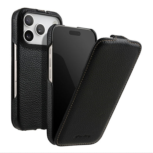 MELKCO For iPhone 17 Pro Max Case Compatible with MagSafe Vertical Flip Genuine Cow Leather + PC Phone Cover - Black