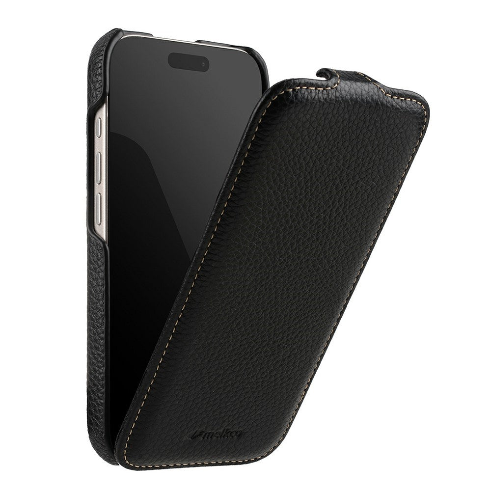 MELKCO For iPhone 17 Pro Max Case Compatible with MagSafe Vertical Flip Genuine Cow Leather + PC Phone Cover - Black