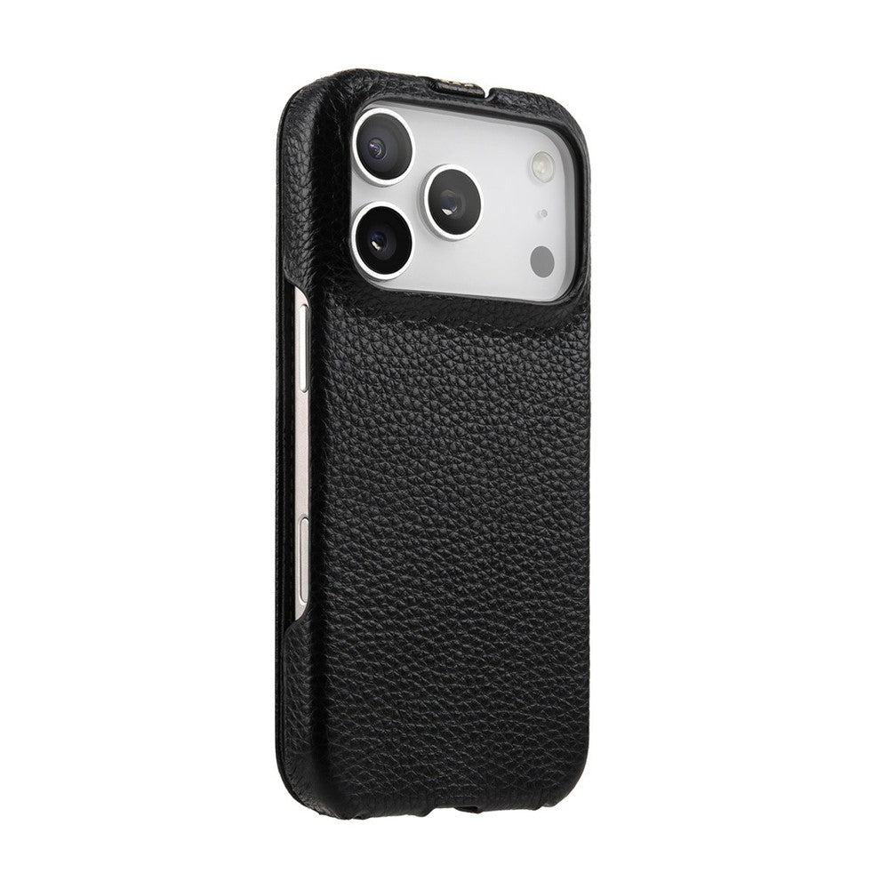 MELKCO For iPhone 17 Pro Max Case Compatible with MagSafe Vertical Flip Genuine Cow Leather + PC Phone Cover - Black