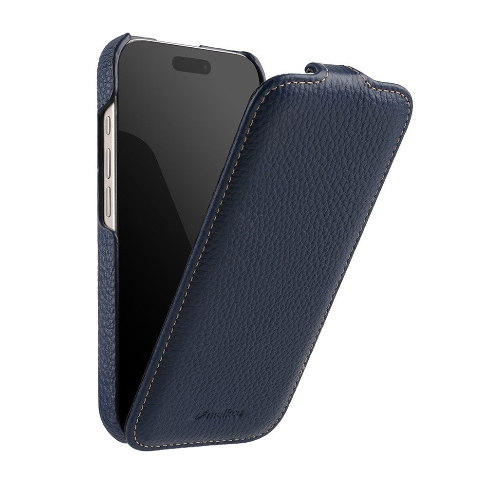 MELKCO For iPhone 17 Pro Max Case Compatible with MagSafe Vertical Flip Genuine Cow Leather + PC Phone Cover - Black