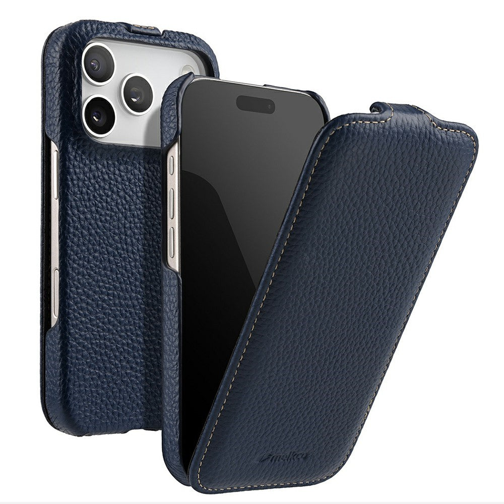 MELKCO For iPhone 17 Pro Max Case Compatible with MagSafe Vertical Flip Genuine Cow Leather + PC Phone Cover - Blue