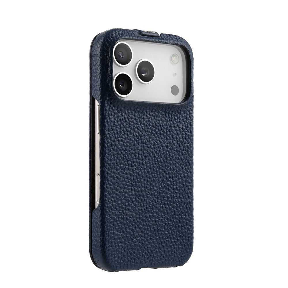 MELKCO For iPhone 17 Pro Max Case Compatible with MagSafe Vertical Flip Genuine Cow Leather + PC Phone Cover - Blue
