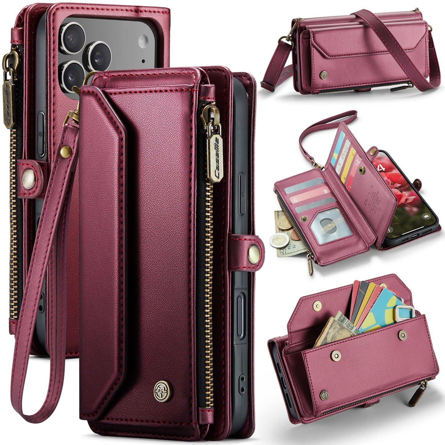 For iPhone 17 Pro Max Leather Case CASEME C36 Zipper 10 Card Slots Phone Cover with Straps - Red