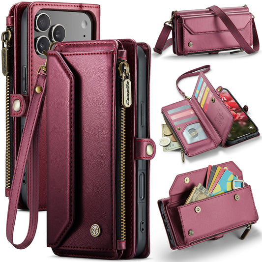For iPhone 17 Pro Max Leather Case CASEME C36 Zipper 10 Card Slots Phone Cover with Straps - Red