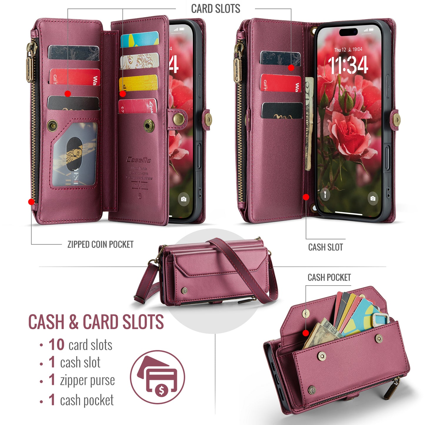 For iPhone 17 Pro Max Leather Case CASEME C36 Zipper 10 Card Slots Phone Cover with Straps - Red