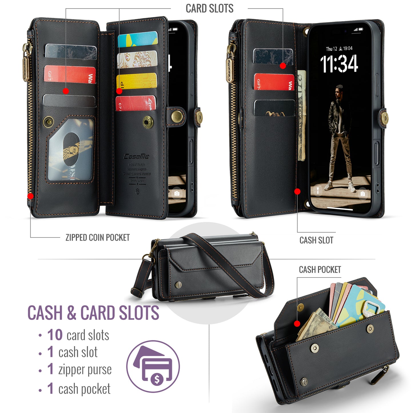 For iPhone 17 Pro Max Leather Case CASEME C36 Zipper 10 Card Slots Phone Cover with Straps - Black