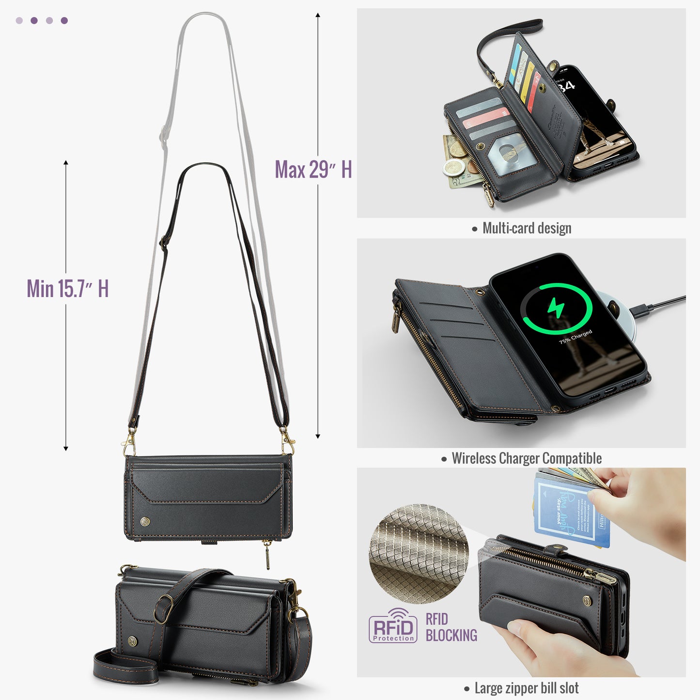 For iPhone 17 Pro Max Leather Case CASEME C36 Zipper 10 Card Slots Phone Cover with Straps - Black