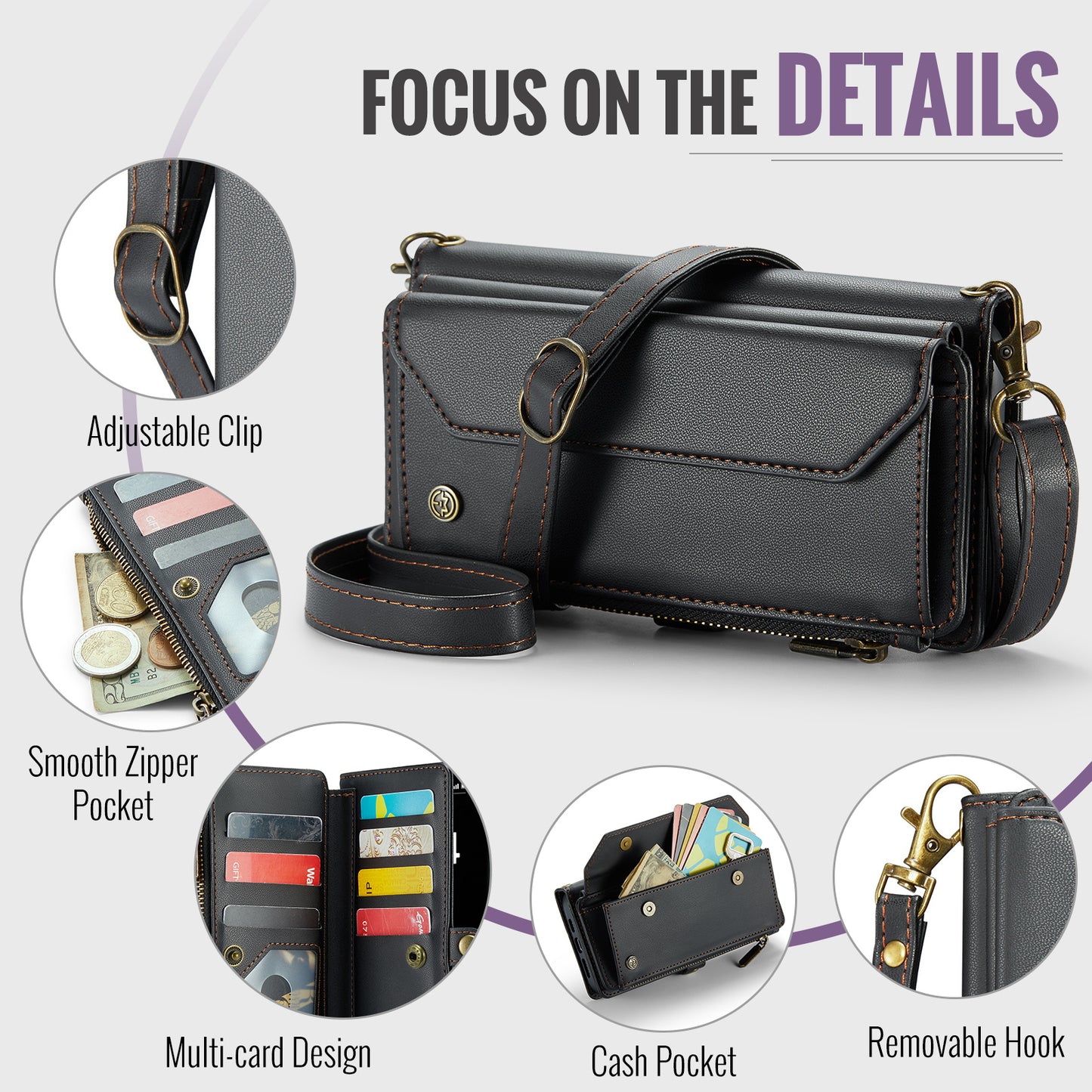 For iPhone 17 Pro Max Leather Case CASEME C36 Zipper 10 Card Slots Phone Cover with Straps - Black