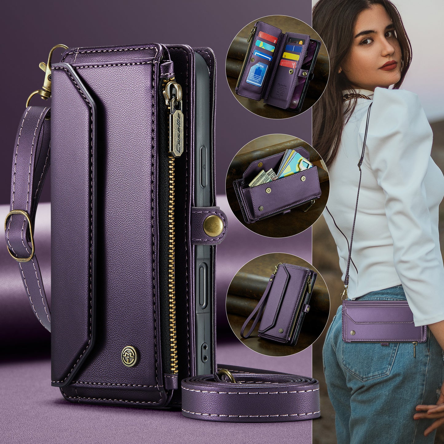 For iPhone 17 Pro Max Leather Case CASEME C36 Zipper 10 Card Slots Phone Cover with Straps - Purple