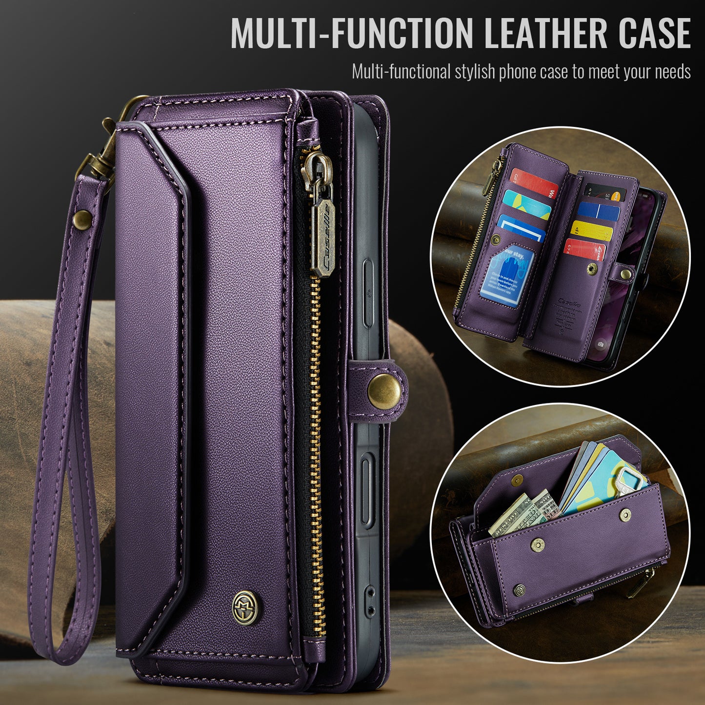 For iPhone 17 Pro Max Leather Case CASEME C36 Zipper 10 Card Slots Phone Cover with Straps - Purple