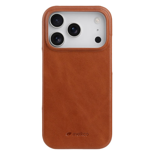 MELKCO For iPhone 17 Pro Max Case Compatible with MagSafe Waxy Genuine Cow Leather PC Phone Back Cover - Brown