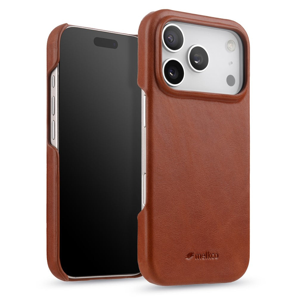 MELKCO For iPhone 17 Pro Max Case Compatible with MagSafe Waxy Genuine Cow Leather PC Phone Back Cover - Brown