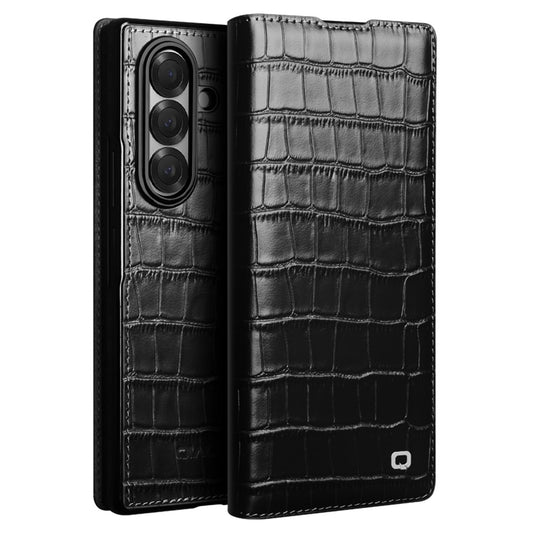 QIALINO For Samsung Galaxy Z Fold7 5G Case Crocodile Texture Genuine Cow Leather Flip Phone Cover - Black