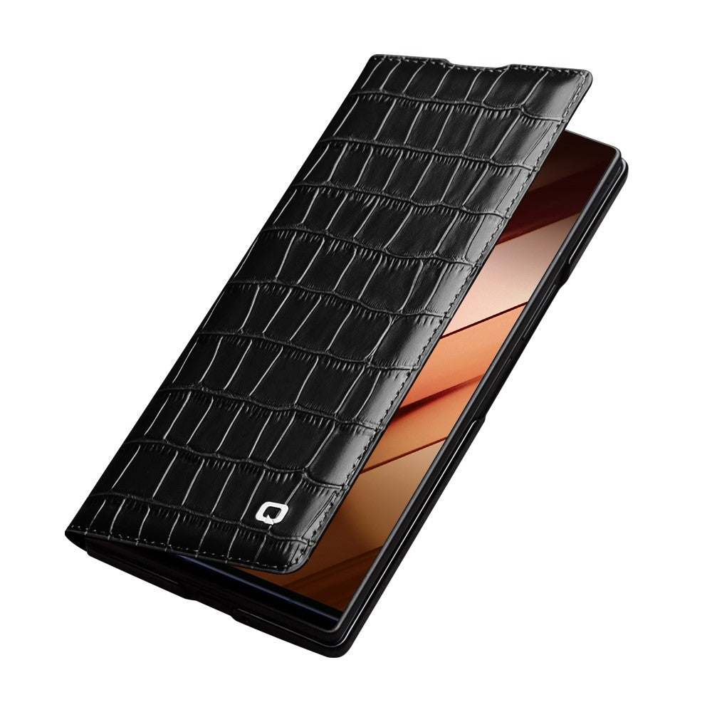 QIALINO For Samsung Galaxy Z Fold7 5G Case Crocodile Texture Genuine Cow Leather Flip Phone Cover - Black