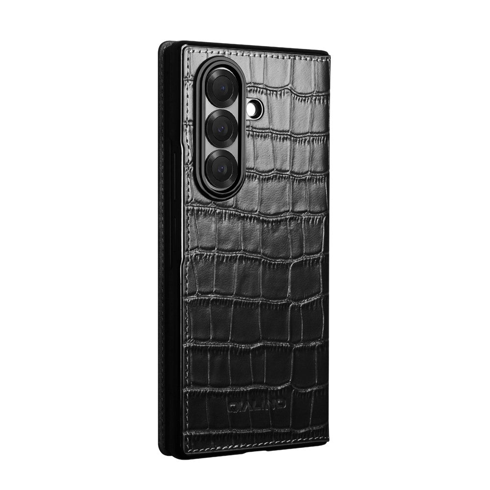 QIALINO For Samsung Galaxy Z Fold7 5G Case Crocodile Texture Genuine Cow Leather Flip Phone Cover - Black