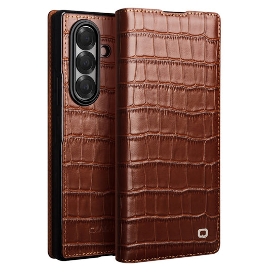 QIALINO For Samsung Galaxy Z Fold7 5G Case Crocodile Texture Genuine Cow Leather Flip Phone Cover - Brown