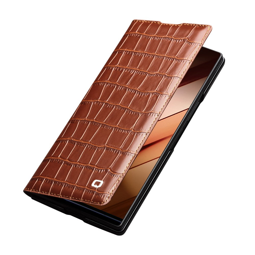 QIALINO For Samsung Galaxy Z Fold7 5G Case Crocodile Texture Genuine Cow Leather Flip Phone Cover - Brown