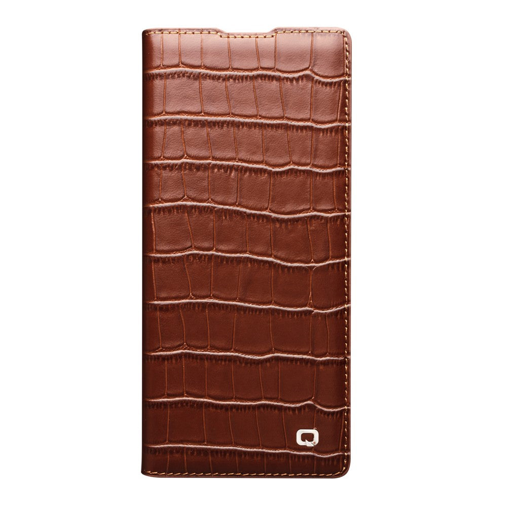 QIALINO For Samsung Galaxy Z Fold7 5G Case Crocodile Texture Genuine Cow Leather Flip Phone Cover - Brown