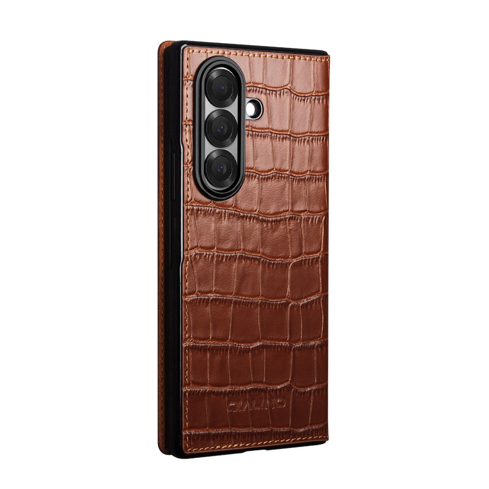 QIALINO For Samsung Galaxy Z Fold7 5G Case Crocodile Texture Genuine Cow Leather Flip Phone Cover - Brown