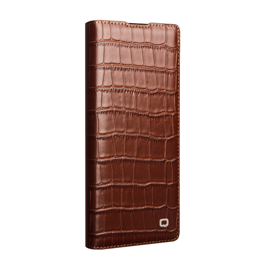 QIALINO For Samsung Galaxy Z Fold7 5G Case Crocodile Texture Genuine Cow Leather Flip Phone Cover - Brown