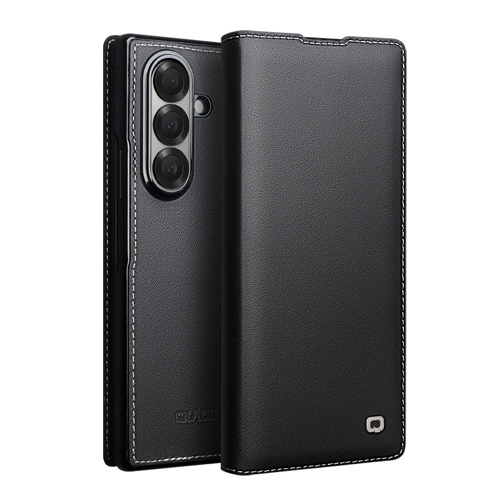 QIALINO For Samsung Galaxy Z Fold7 5G Case Genuine Cow Leather Flip Phone Cover, Black