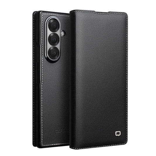 QIALINO For Samsung Galaxy Z Fold7 5G Case Genuine Cow Leather Flip Phone Cover, Black