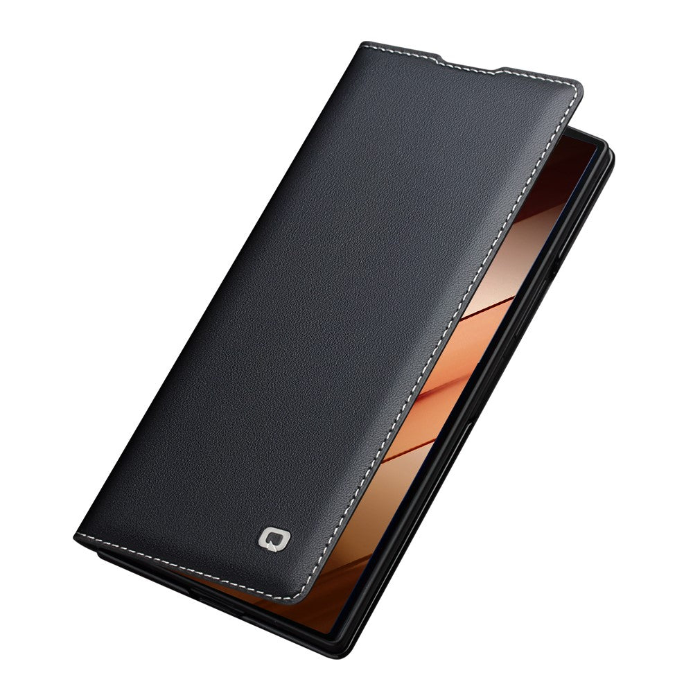 QIALINO For Samsung Galaxy Z Fold7 5G Case Genuine Cow Leather Flip Phone Cover, Black