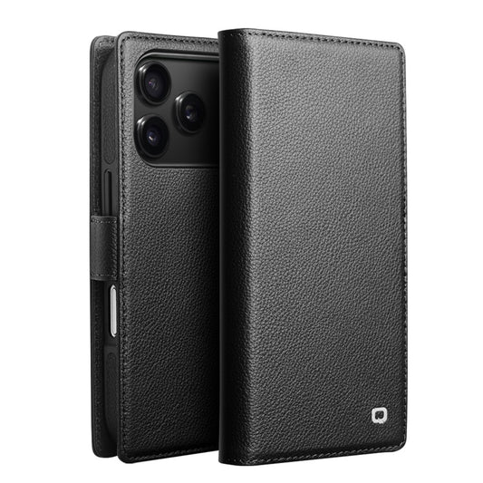 QIALINO For iPhone 17 Pro Max Case Compatible with MagSafe Detachable Genuine Cow Leather Wallet Phone Cover - Black