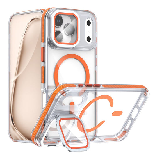 For iPhone 17 Pro Max Magnetic Case TPU Acrylic Clear Phone Back Cover with Lens Protector Kickstand - Orange