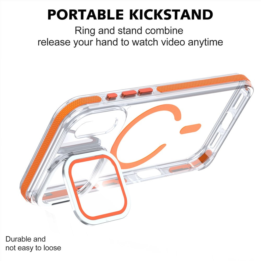 For iPhone 17 Pro Max Magnetic Case TPU Acrylic Clear Phone Back Cover with Lens Protector Kickstand - Orange
