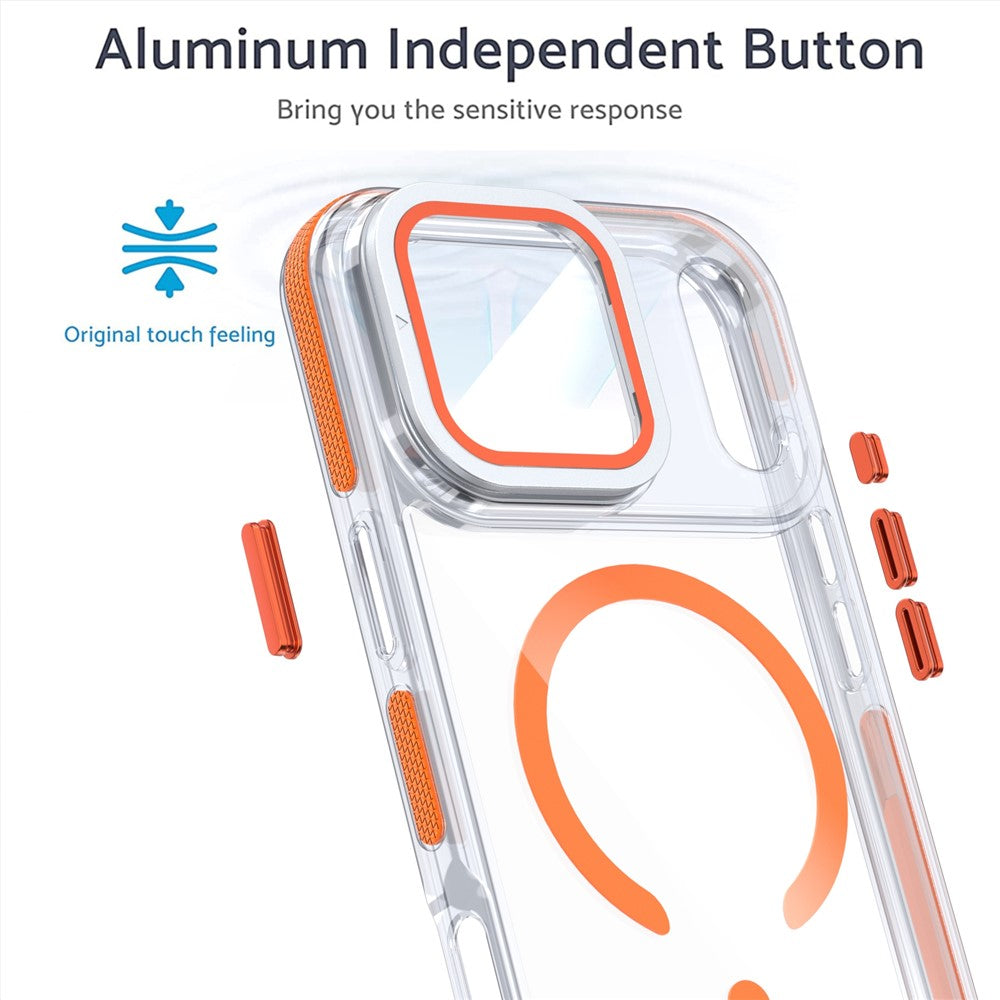 For iPhone 17 Pro Max Magnetic Case TPU Acrylic Clear Phone Back Cover with Lens Protector Kickstand - Orange