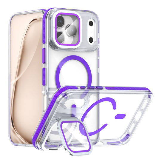 For iPhone 17 Pro Max Magnetic Case TPU Acrylic Clear Phone Back Cover with Lens Protector Kickstand - Purple