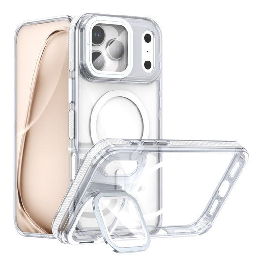 For iPhone 17 Pro Max Magnetic Case TPU Acrylic Clear Phone Back Cover with Lens Protector Kickstand - White