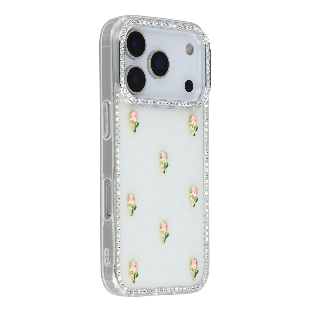 For iPhone 17 Pro Max Case Rhinestone Edge Small Tulips Decor TPU + PC IMD Phone Cover - Glitter White