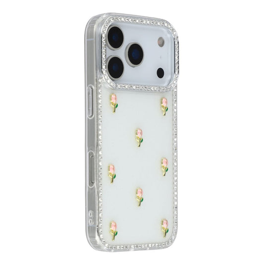 For iPhone 17 Pro Max Case Rhinestone Edge Small Tulips Decor TPU + PC IMD Phone Cover - Glitter White