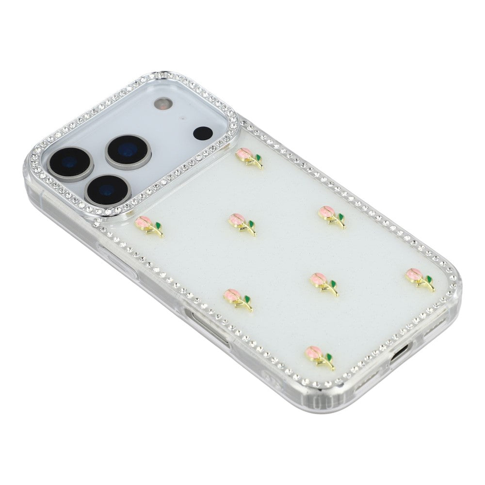 For iPhone 17 Pro Max Case Rhinestone Edge Small Tulips Decor TPU + PC IMD Phone Cover - Glitter White
