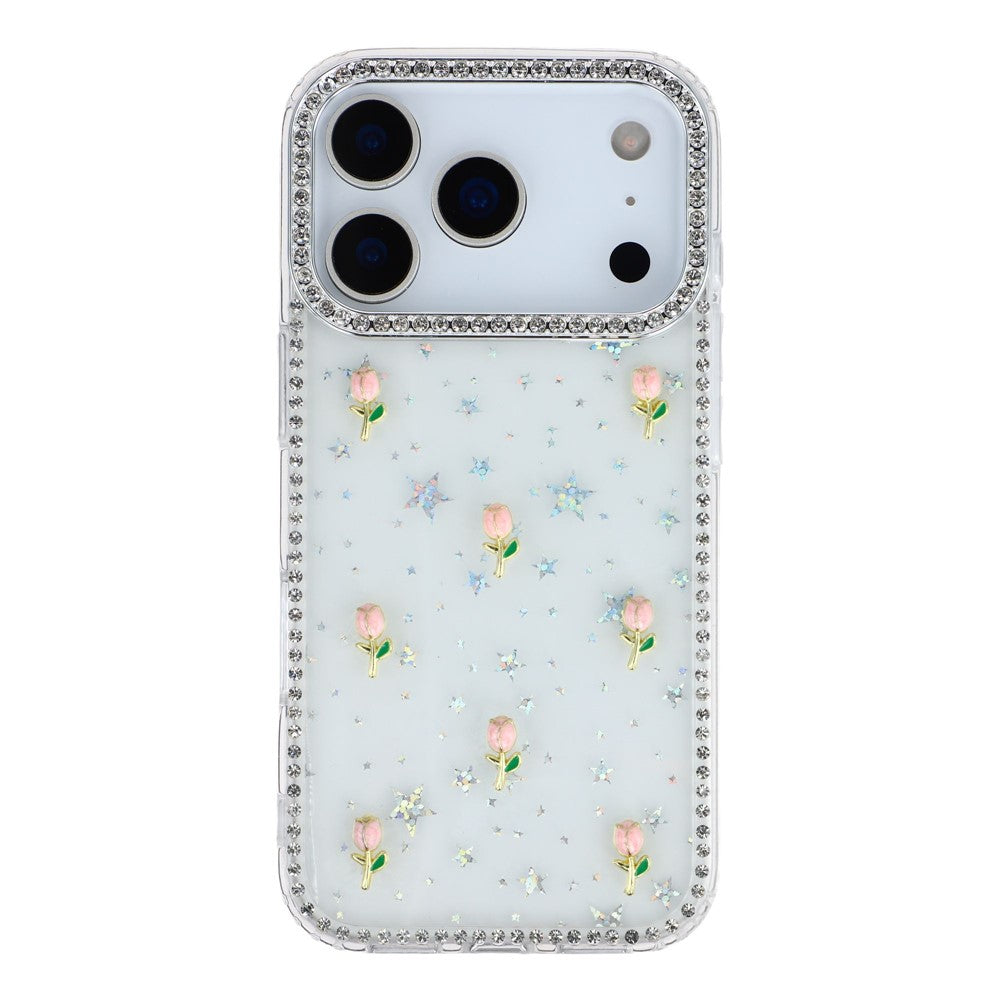 For iPhone 17 Pro Max Case Rhinestone Edge Small Tulips Decor TPU + PC IMD Phone Cover - Starry Transparent