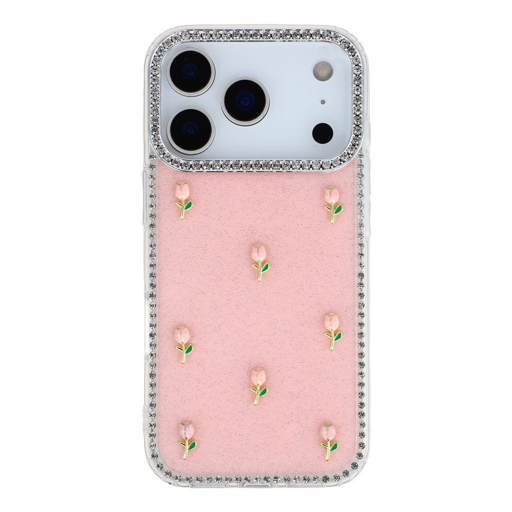 For iPhone 17 Pro Max Case Rhinestone Edge Small Tulips Decor TPU + PC IMD Phone Cover - Glitter Light Pink