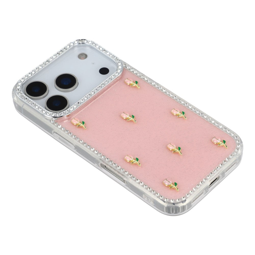 For iPhone 17 Pro Max Case Rhinestone Edge Small Tulips Decor TPU + PC IMD Phone Cover - Glitter Light Pink