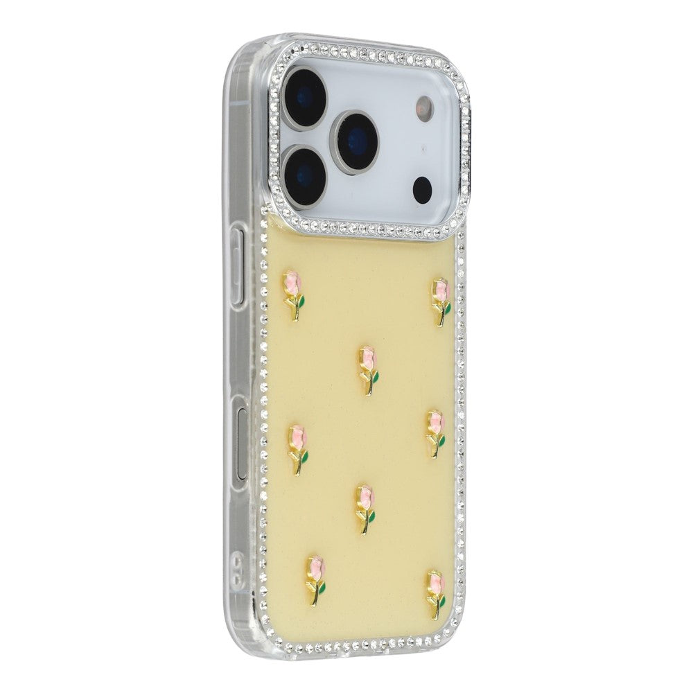 For iPhone 17 Pro Max Case Rhinestone Edge Small Tulips Decor TPU + PC IMD Phone Cover - Glitter Light Yellow